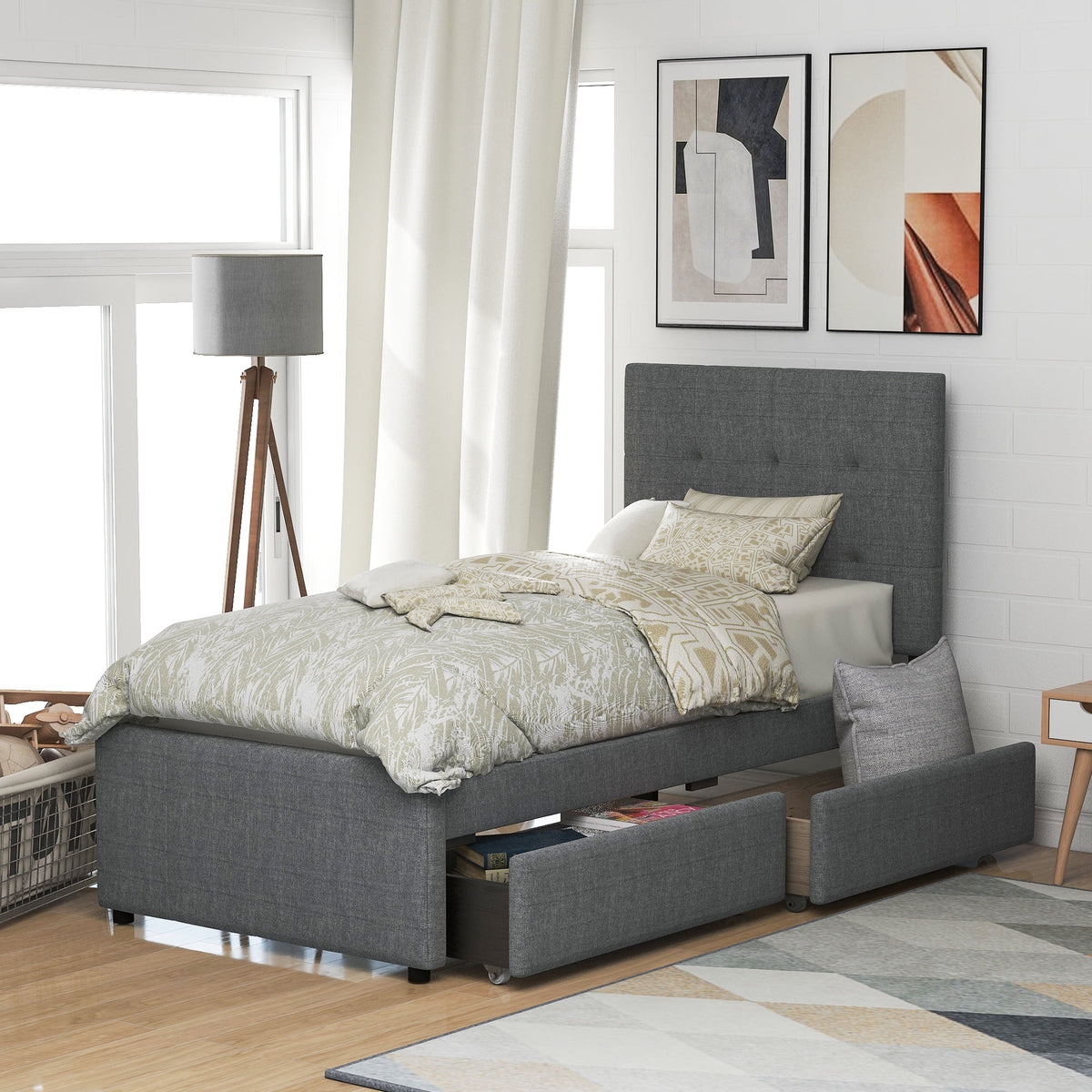 Gray Upholstered Twin Size Platform Bed with 2 Storage Drawers Y7733