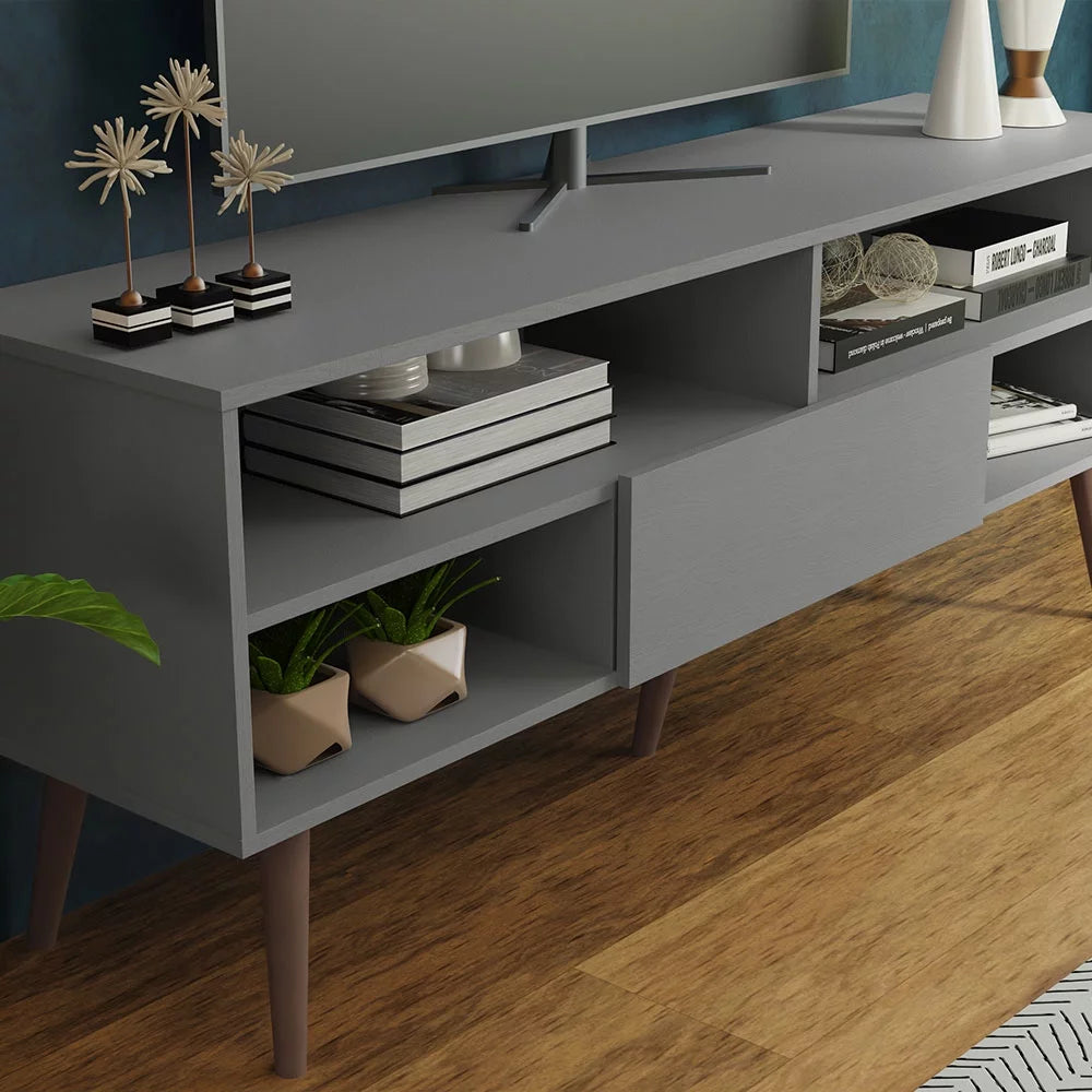 Modern Black Wood TV Stand with 1 Door and 4 Shelves E303598
