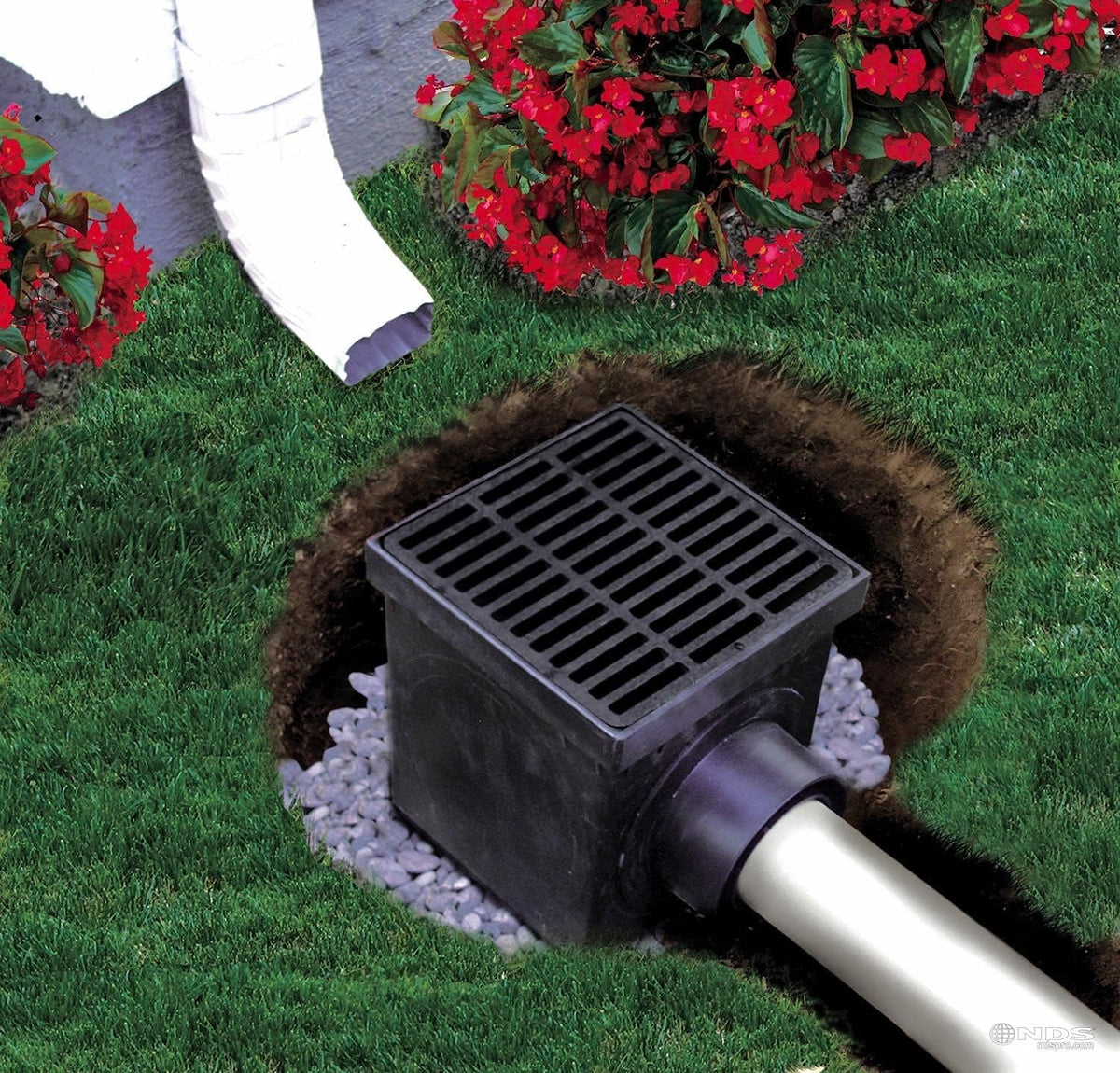 Square Catch Basin Drain Kit with 2-Opening, 2 Adapters, 1 Outlet Plug, 9-Inch Black Plastic Grate G22272