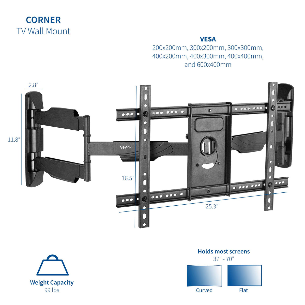 Full Motion Articulating Corner Wall TV Mount Bracket for 37 to 70 Flat Screens E7759