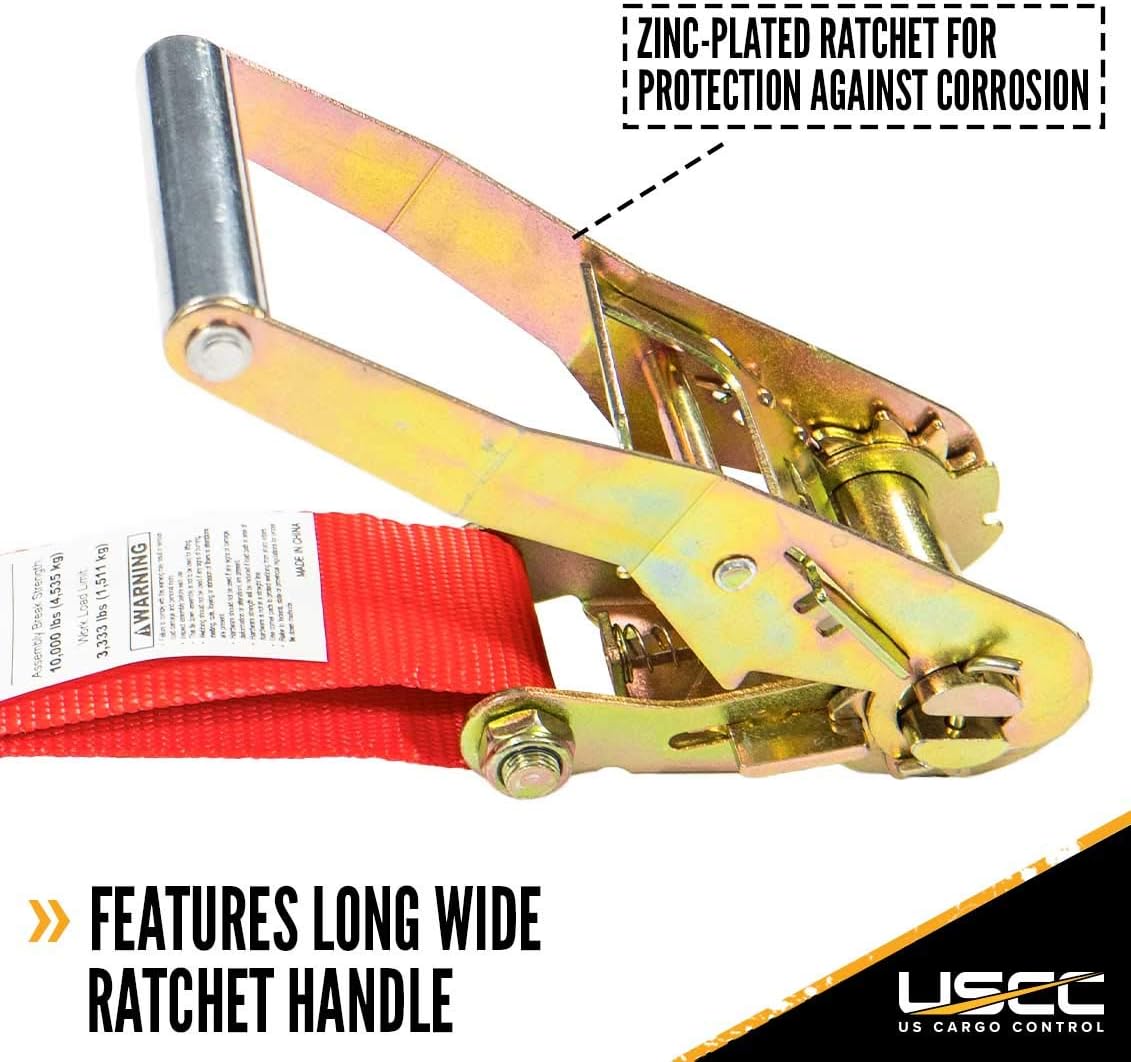 2 Inch x 12 Foot Red Ratchet Tie Down Straps with Double J Hooks, 2 Pack J575361