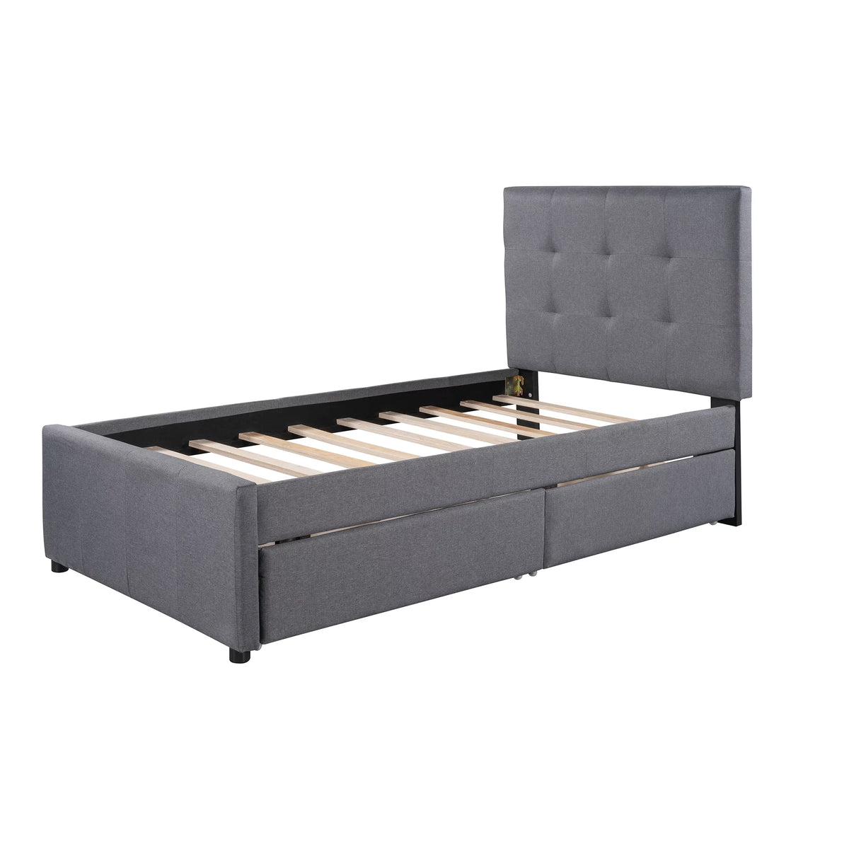 Gray Upholstered Twin Size Platform Bed with 2 Storage Drawers Y7733