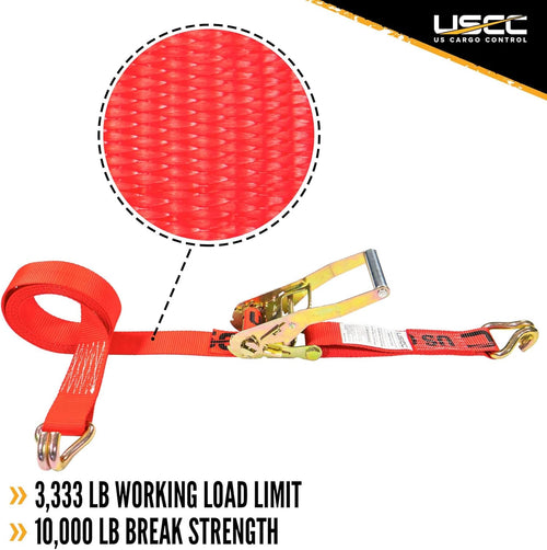 2 Inch x 12 Foot Red Ratchet Tie Down Straps with Double J Hooks, 2 Pack J575361