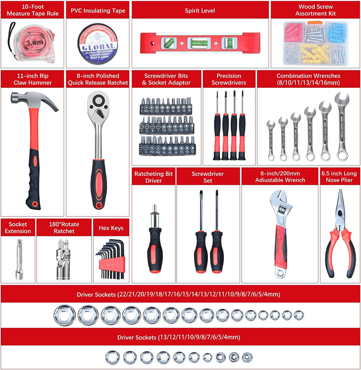 146 Piece General Household Hand Tool Set with Carrying Tool Box G55363