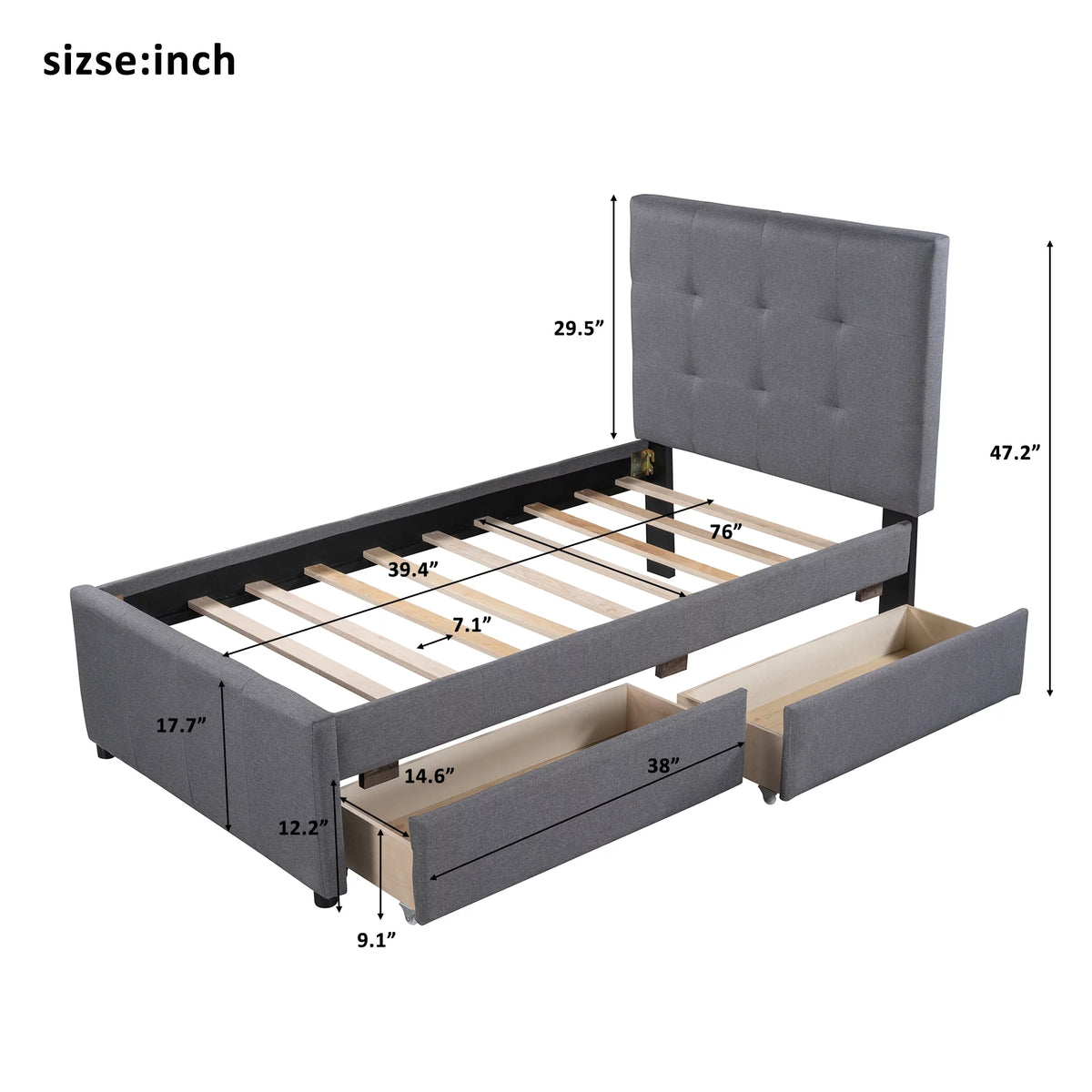Gray Upholstered Twin Size Platform Bed with 2 Storage Drawers Y7733