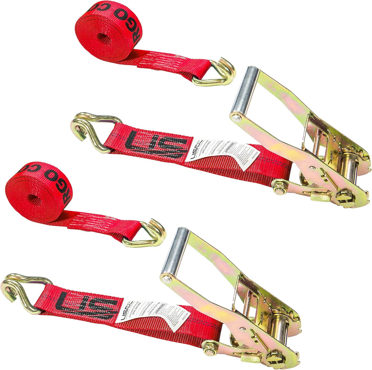 2 Inch x 12 Foot Red Ratchet Tie Down Straps with Double J Hooks, 2 Pack J575361