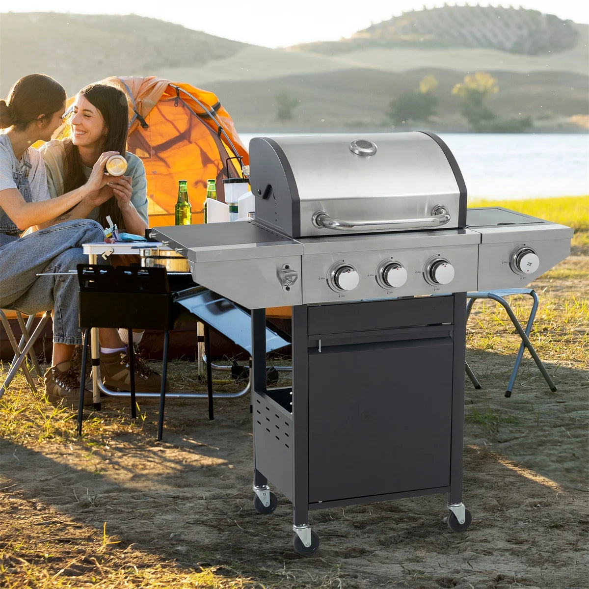 3 Burner Propane Gas Grill with Side Burner, Stainless Steel, Black U308