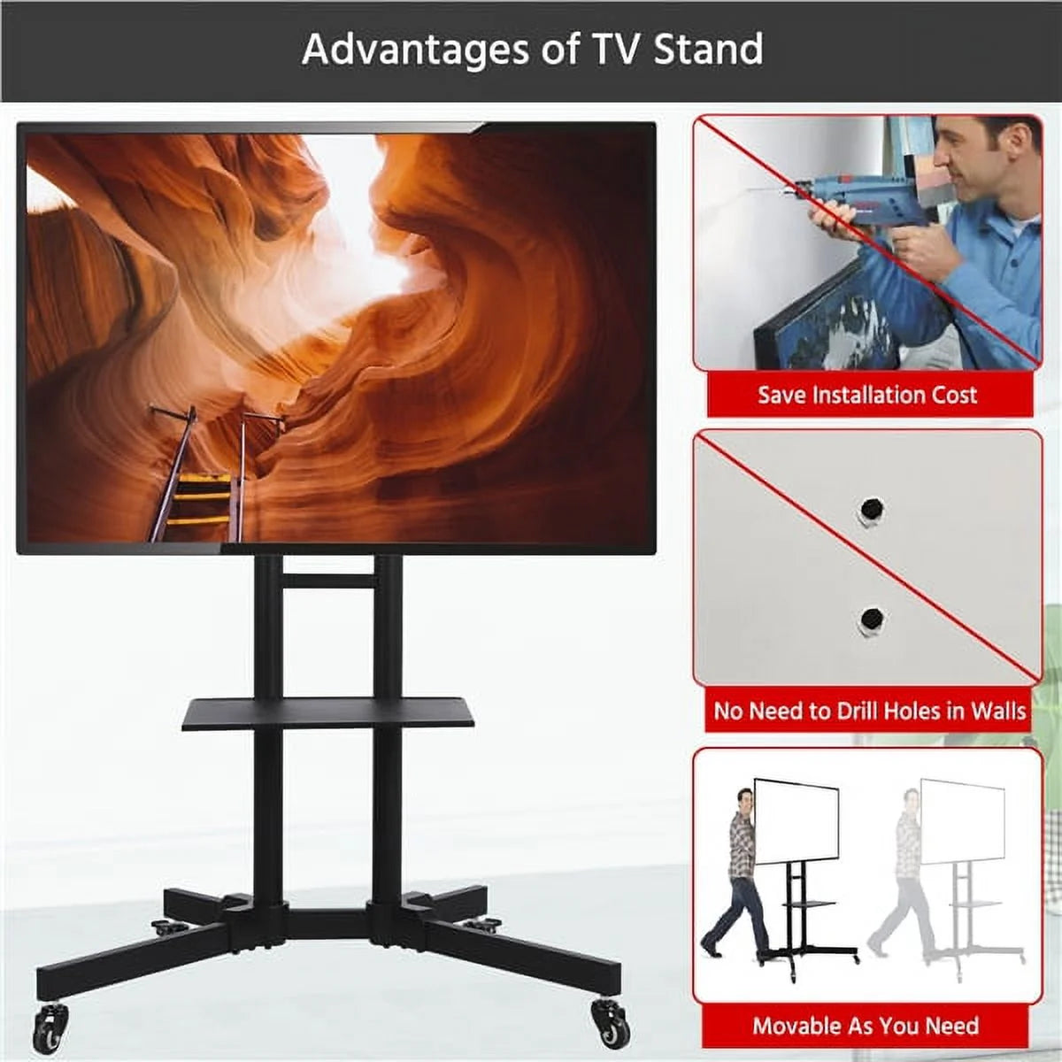Modern Mobile TV Stand Rolling TV Cart up to 75'' Black Y780