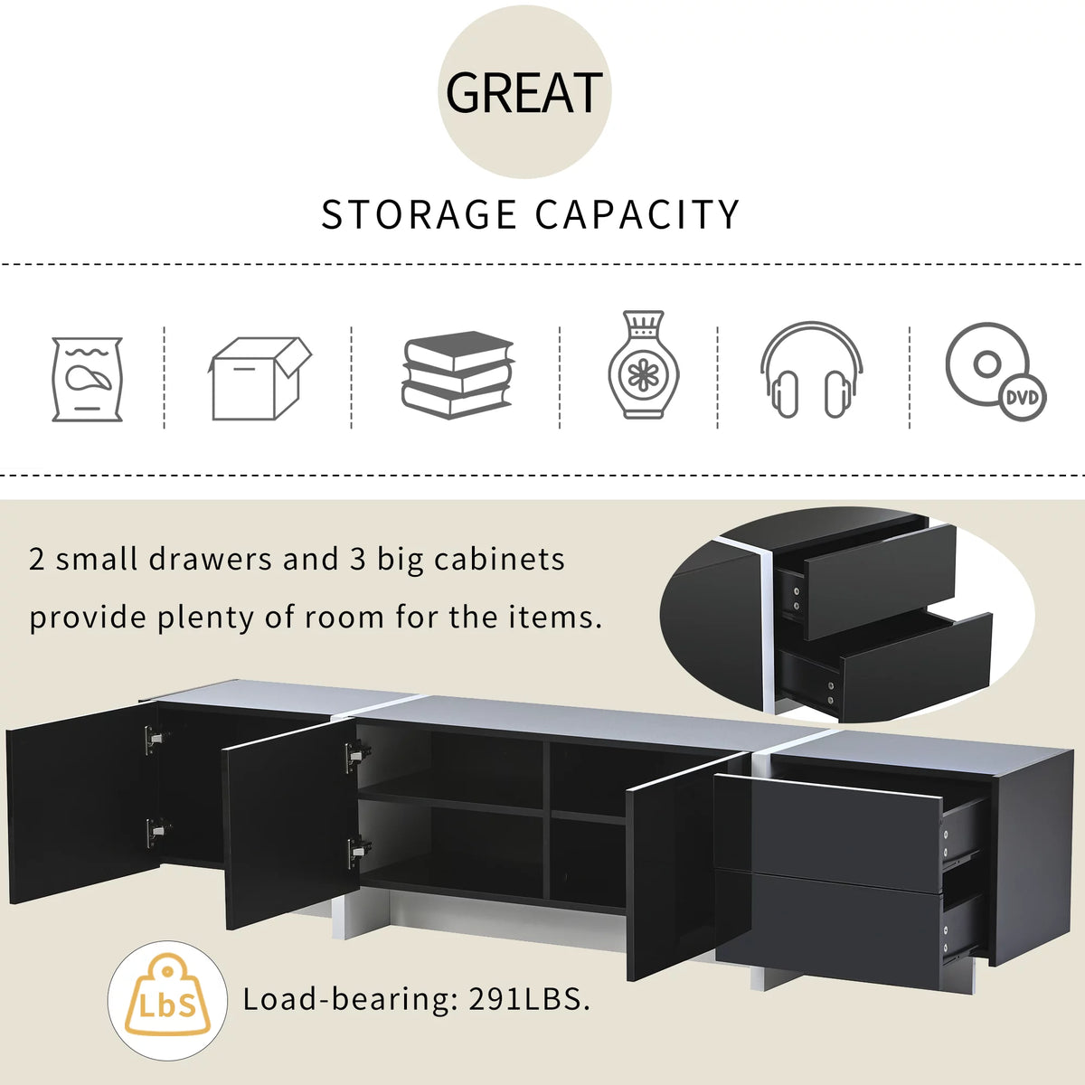 White & Black Contemporary Rectangle TV Stand Y644987