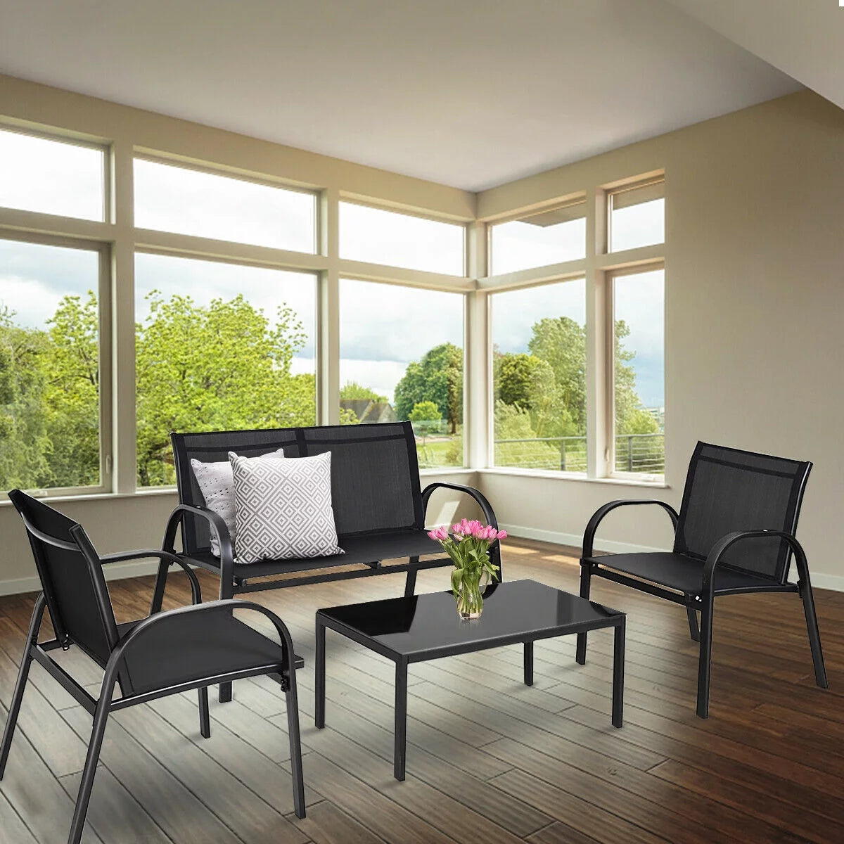 4 PCS Patio Furniture Set Sofa Coffee Table Steel Frame J3540