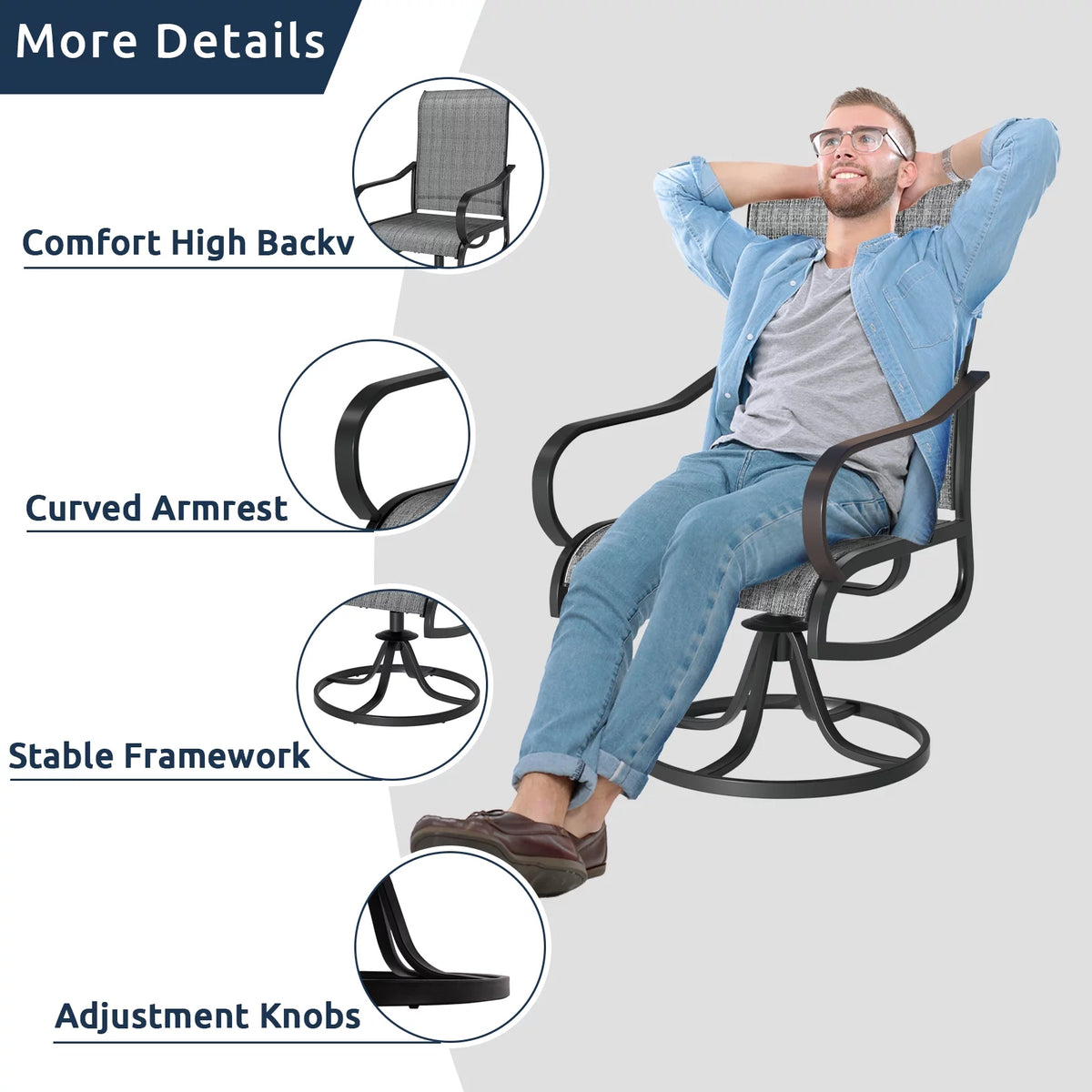 Grey White Set of 2 High Back Padded Swivel Patio Chairs C4744