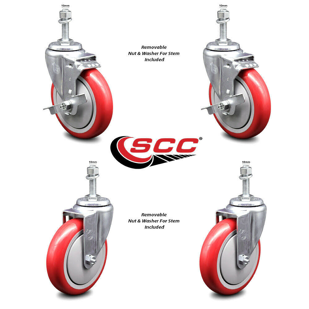 5 inch Red Polyurethane Swivel Caster Set with Brake Q54911