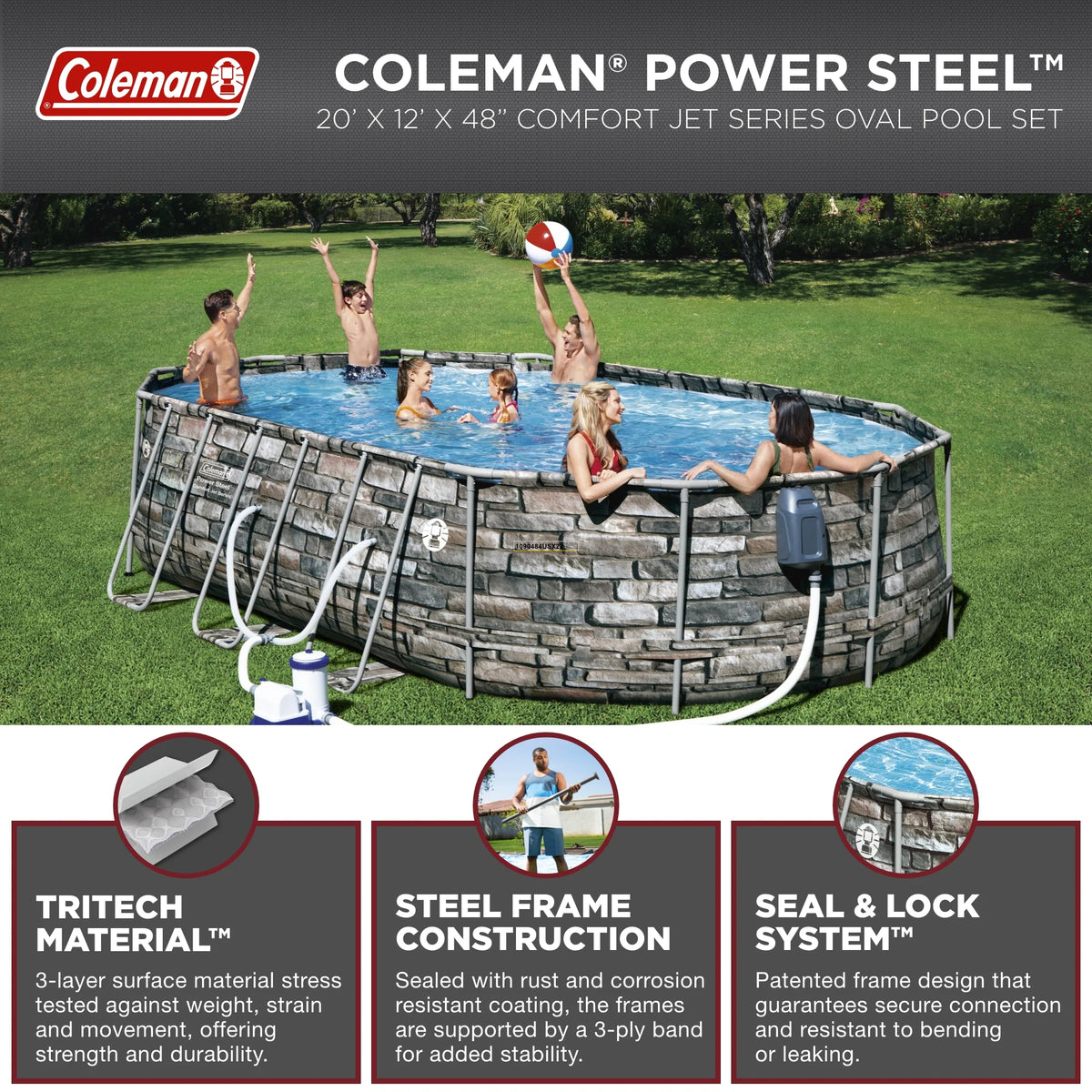 Coleman 20' Power Steel Comfort Jet Oval 48 Deep Metal Frame Above Ground Pool L561