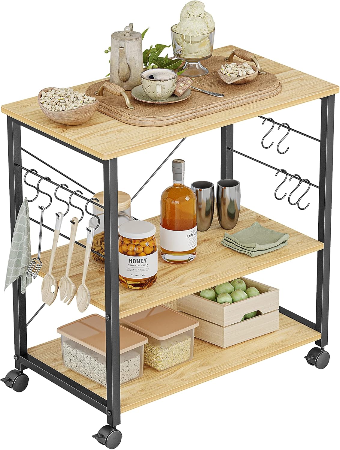 3 Tier Kitchen Serving Cart with Wheels and 10 Hooks A29922