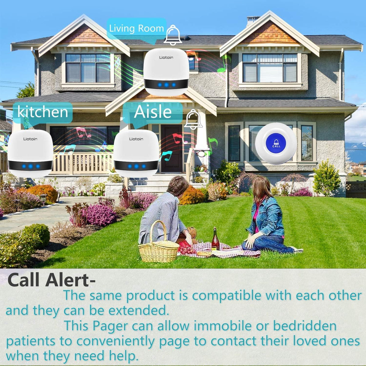 Caregiver Pager Wireless SOS Call Button Nurse Alarm System 5 Transmitter 5 Plug-in Receiver M749