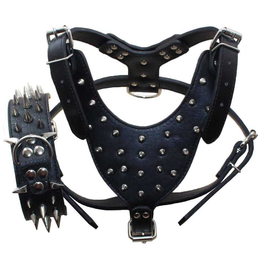 Leather Spiked Studded Dog Collars Harnesses Matching Set C248342