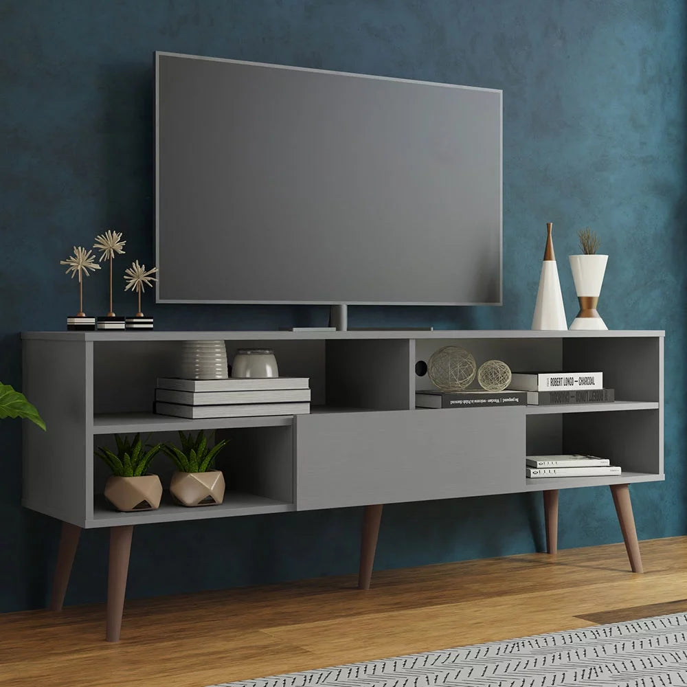 Modern Black Wood TV Stand with 1 Door and 4 Shelves E303598