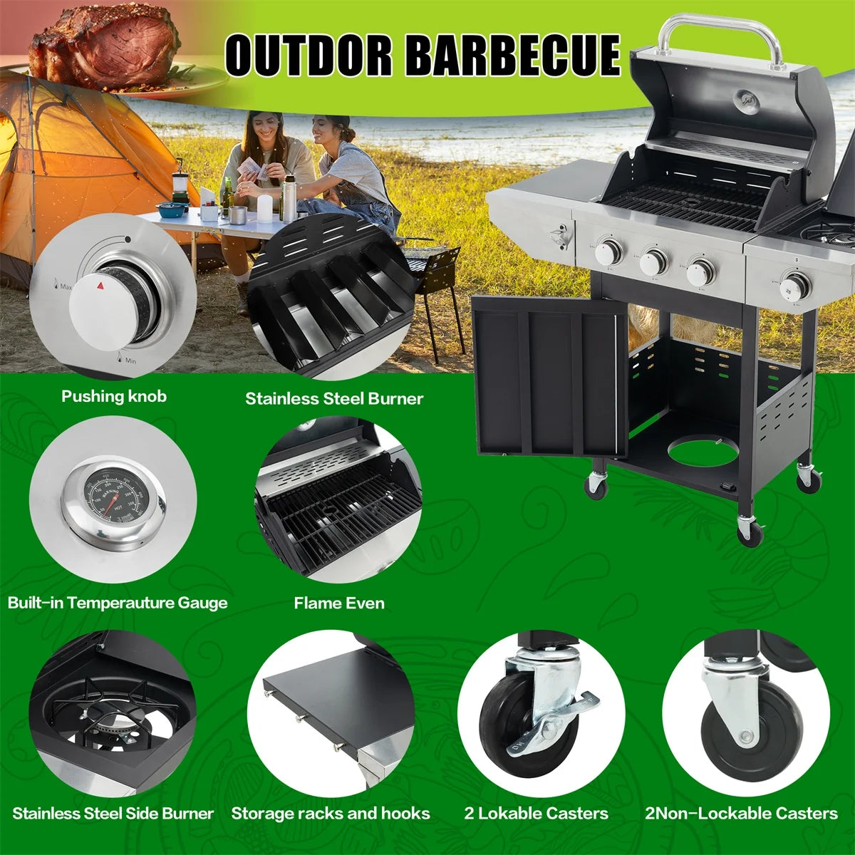 3 Burner Propane Gas Grill with Side Burner, Stainless Steel, Black U308