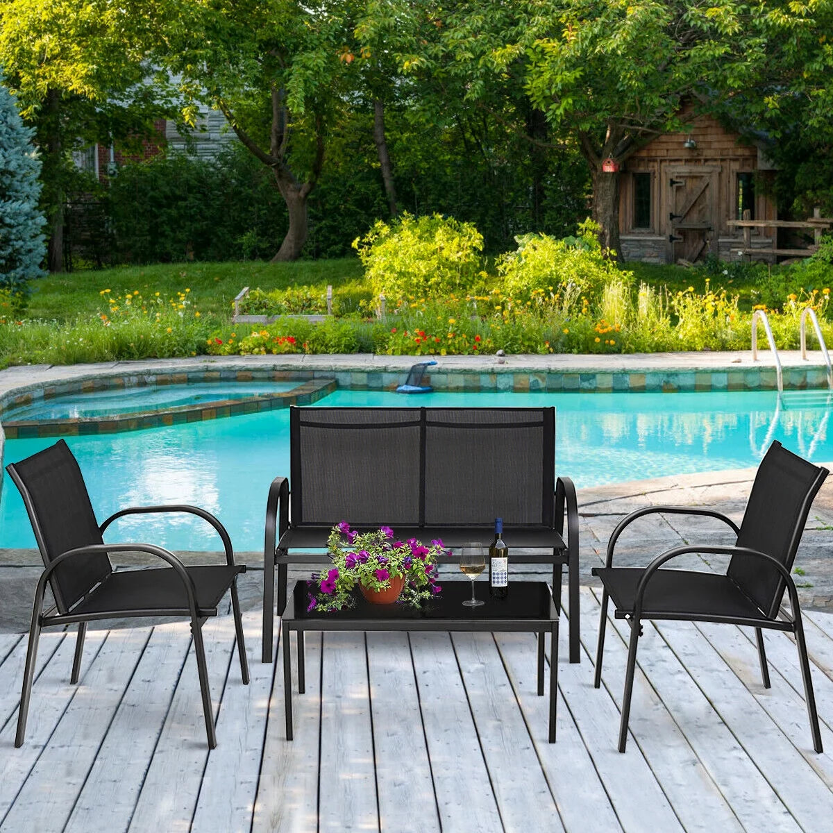 4 PCS Patio Furniture Set Sofa Coffee Table Steel Frame J3540