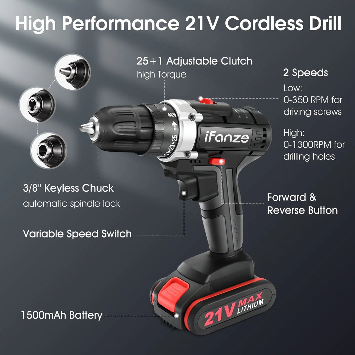 21V Cordless 3/8 inch Power Drill Driver Set with 2 Batteries R699329