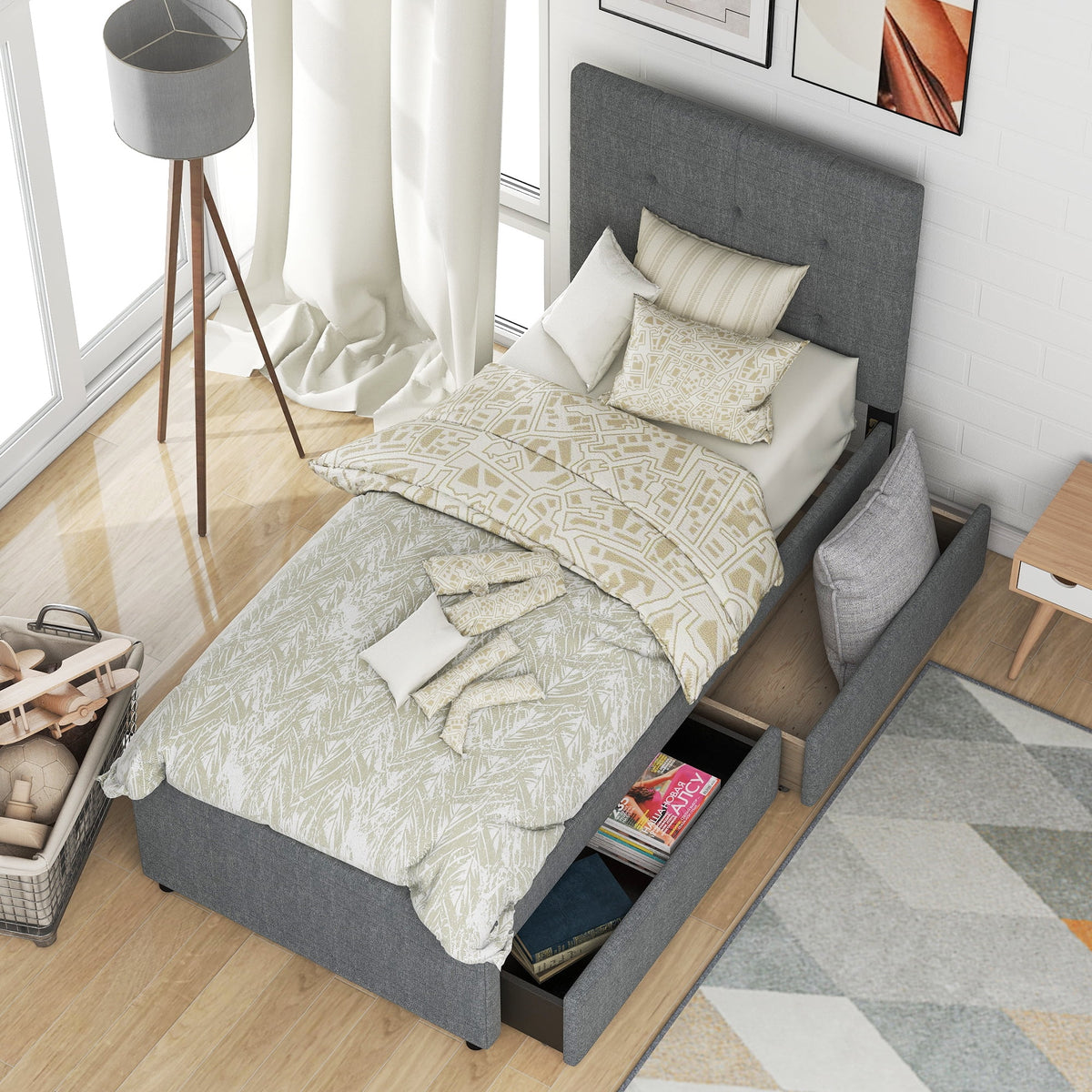 Gray Upholstered Twin Size Platform Bed with 2 Storage Drawers Y7733