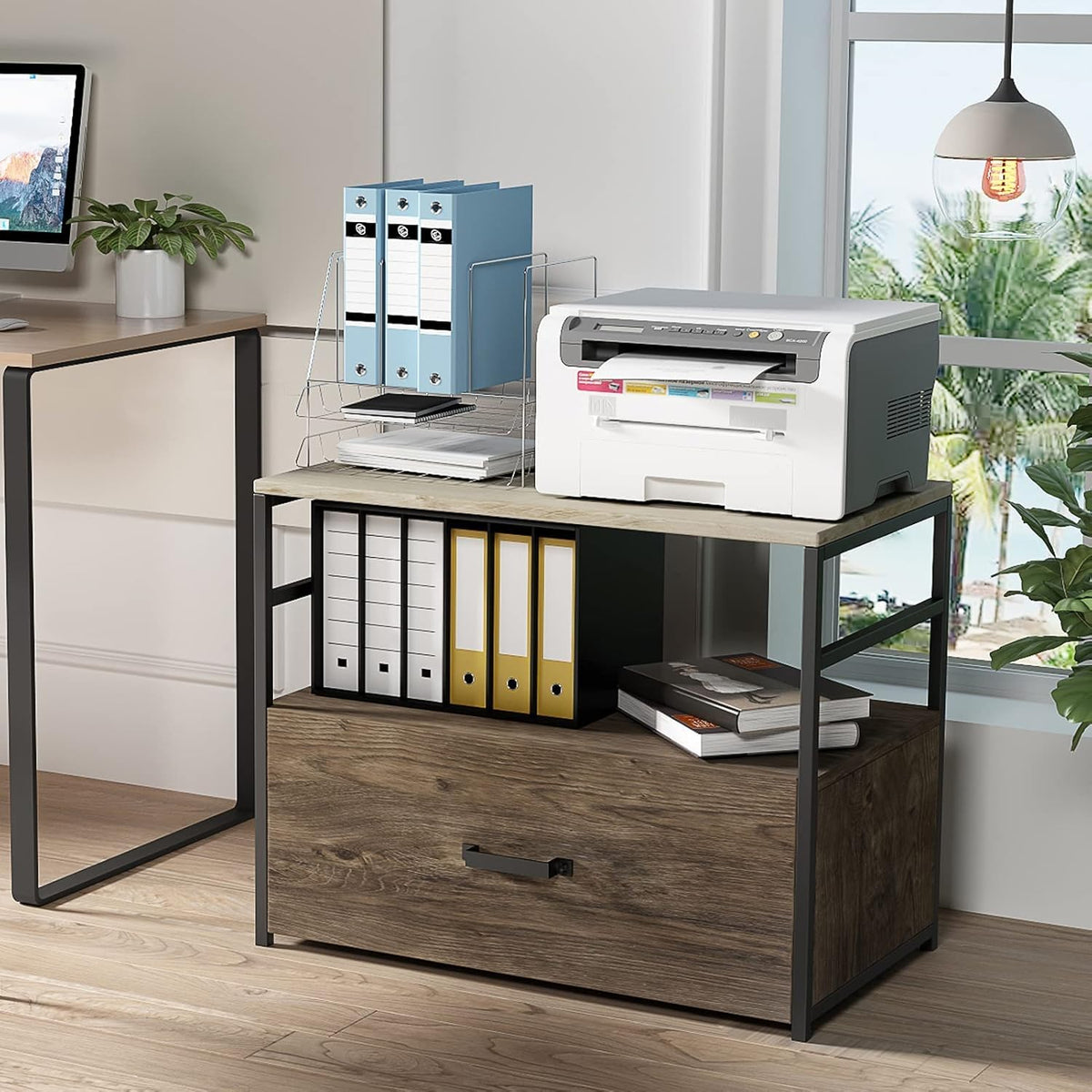 Wooden Lateral File Cabinet with Drawer and Open Storage Shelves G190116