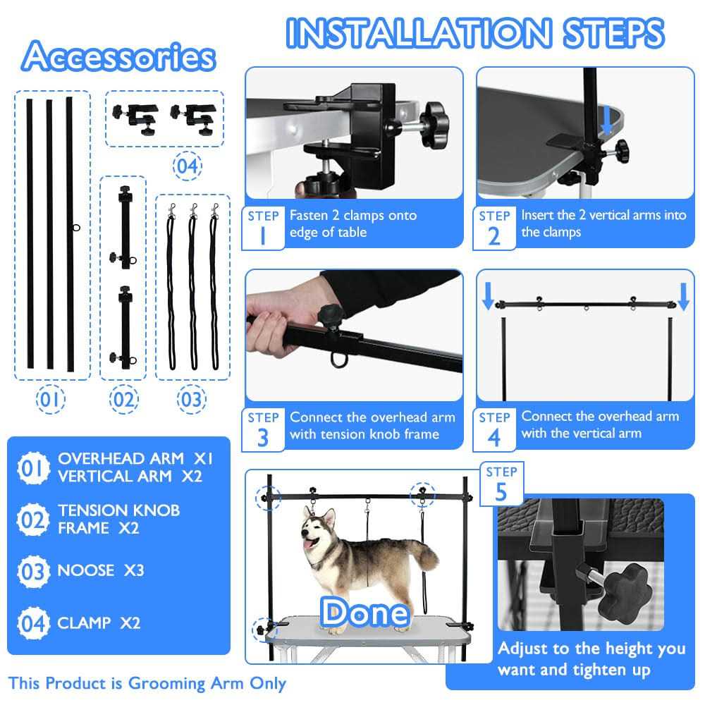 Dog Grooming Table Arm with 3 Noose and Clamp A7370