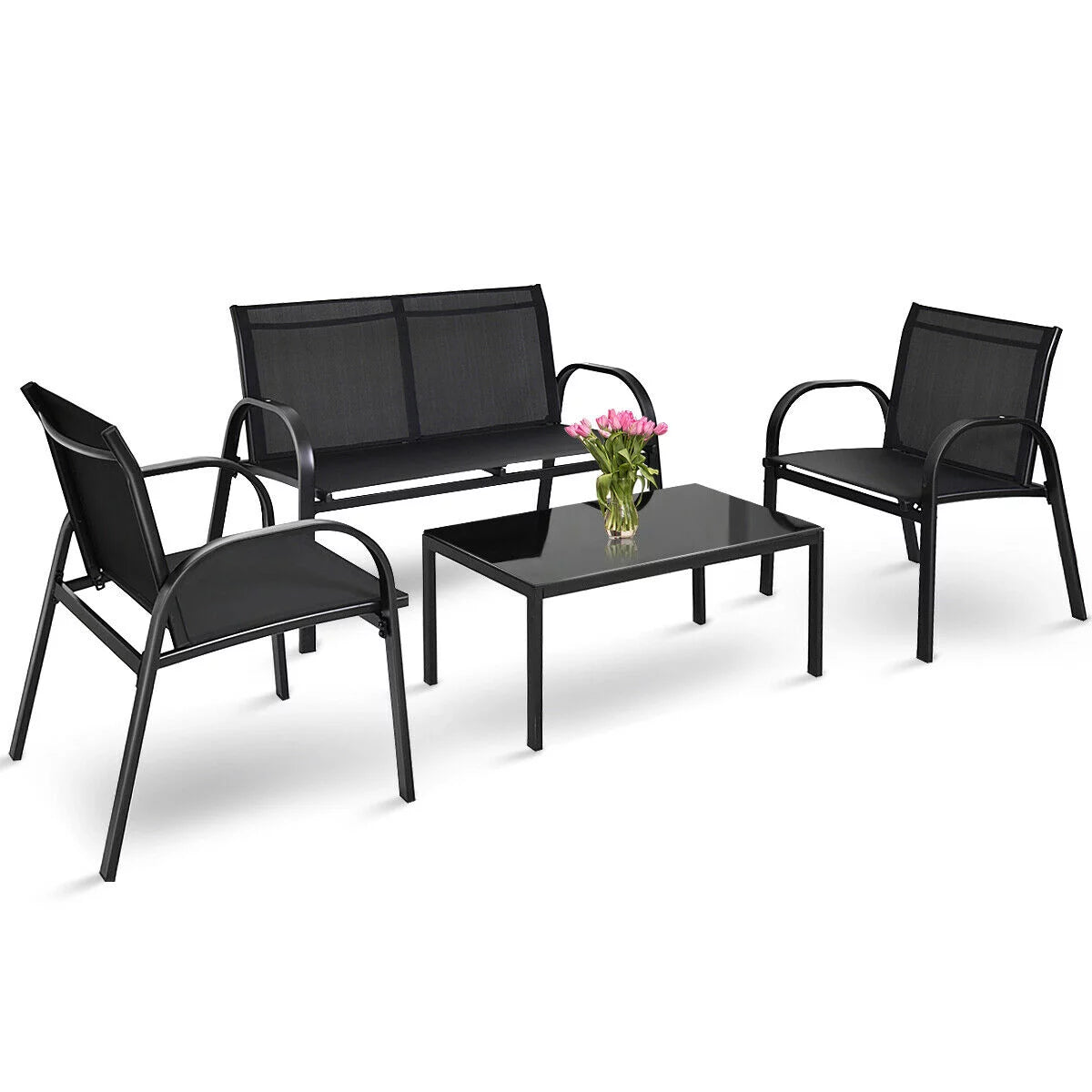 4 PCS Patio Furniture Set Sofa Coffee Table Steel Frame J3540