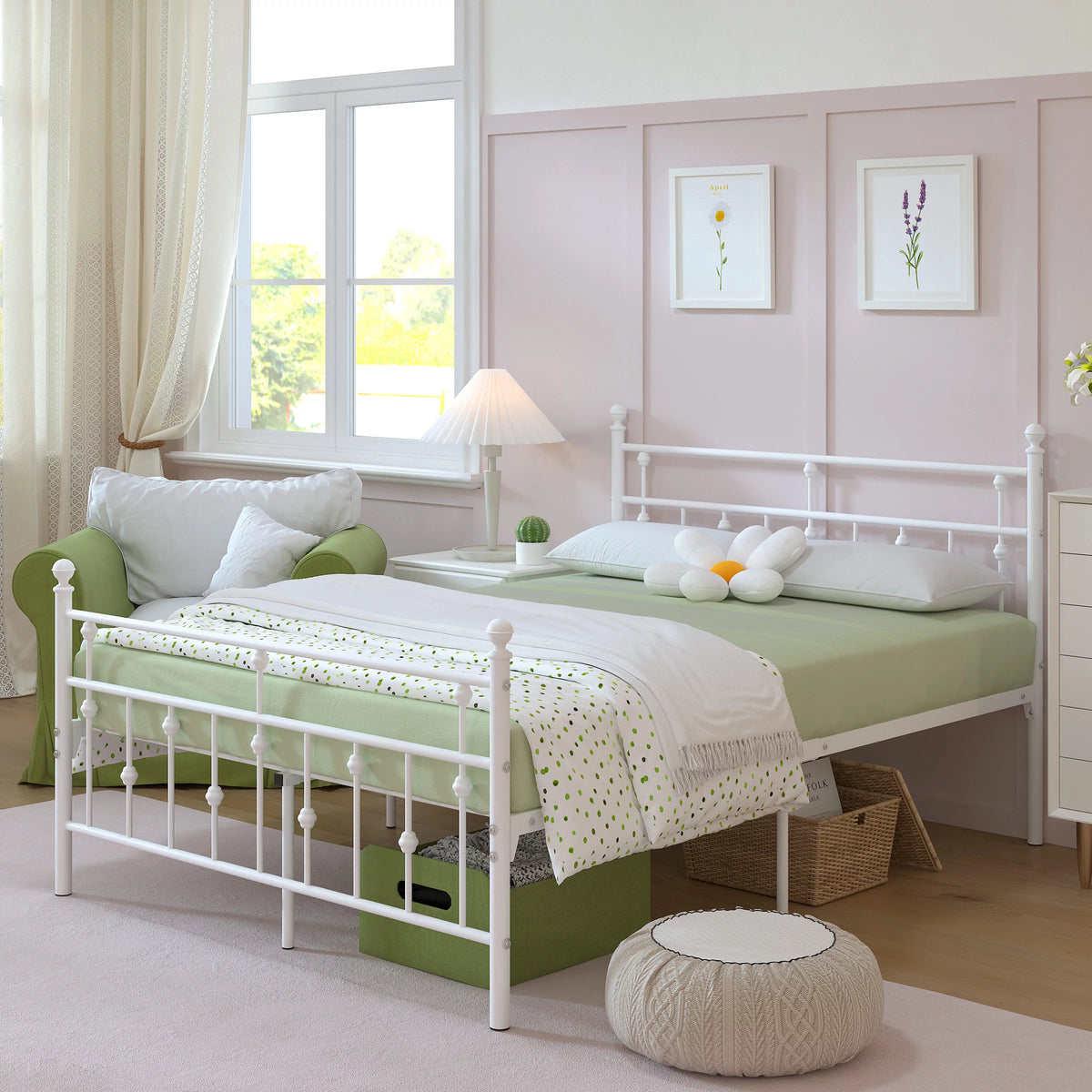 White Full Size Metal Platform Bed Frame with Headboard Y166