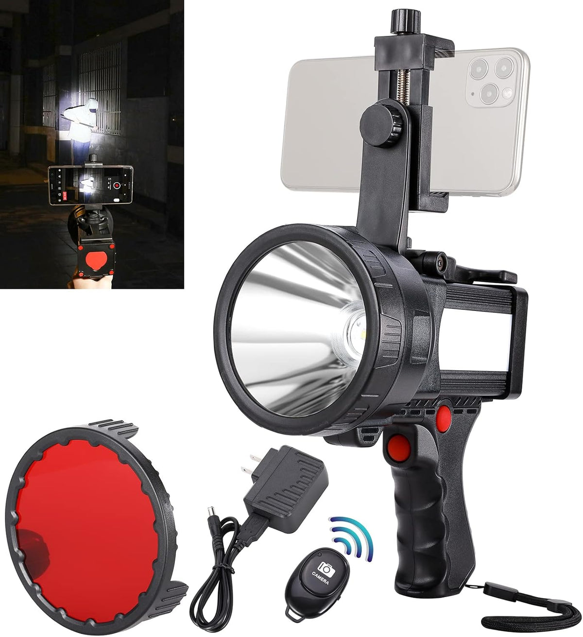 Rechargeable 100000 Lumens LED Spotlight with Red Lens S350164