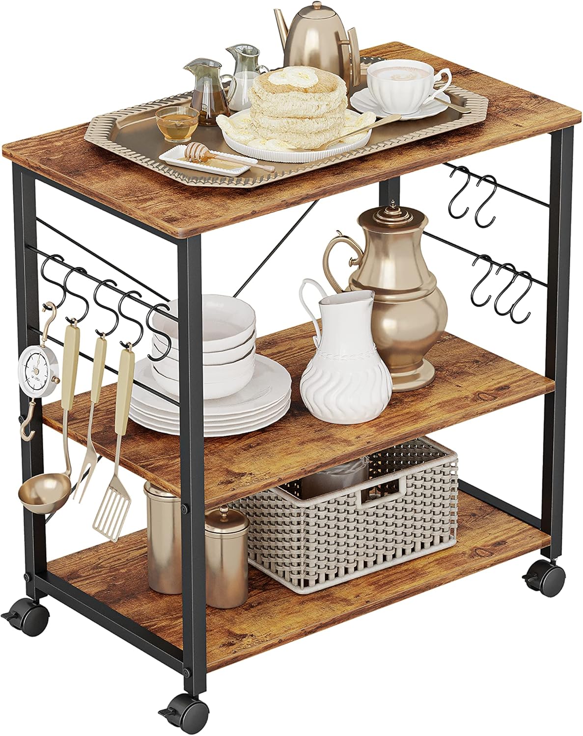3 Tier Kitchen Serving Cart with Wheels and 10 Hooks A29922