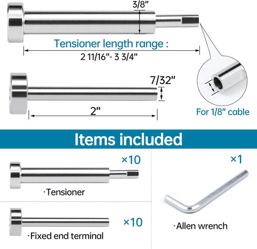 10 Pair Invisible Cable Railing Kit 1/8 Swage Tensioner T316 Stainless Steel F84515
