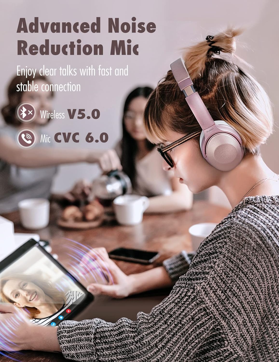 Pink Bluetooth Noise Canceling Headphones with Mics H9083