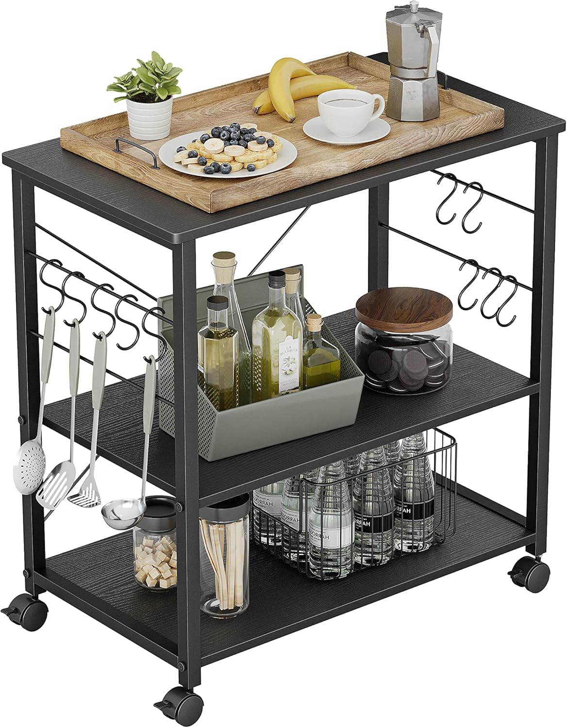 3 Tier Kitchen Serving Cart with Wheels and 10 Hooks A29922