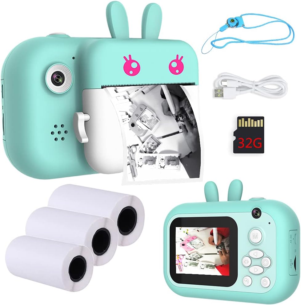 Blue Instant Print Camera for Kids with 3 Rolls Print Paper & 32GB SD Card R6620