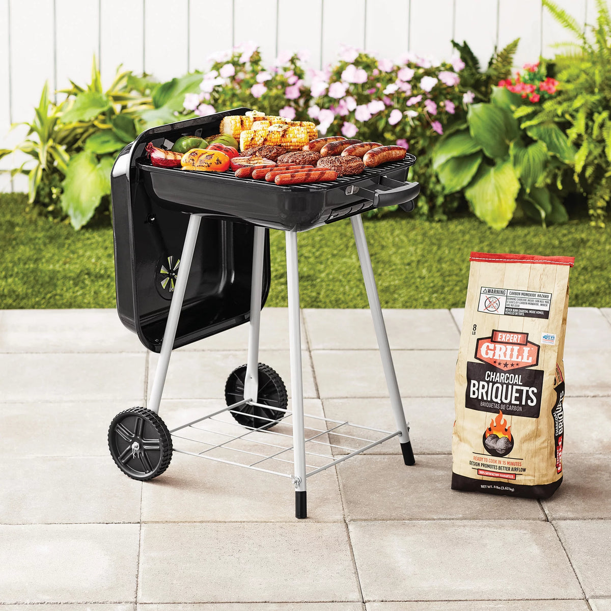Square Steel Charcoal Grill with Wheels, Black U261