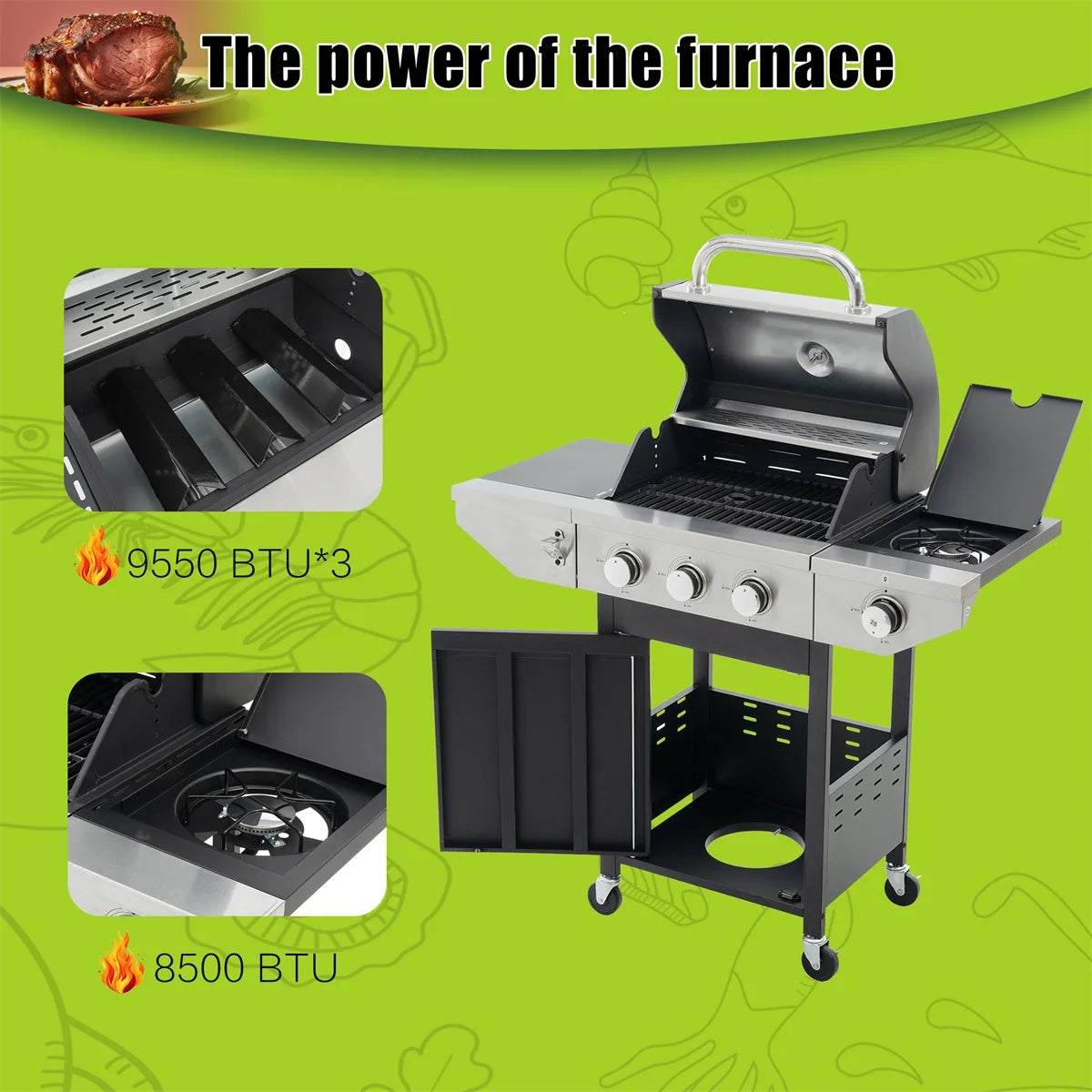 3 Burner Propane Gas Grill with Side Burner, Stainless Steel, Black U308