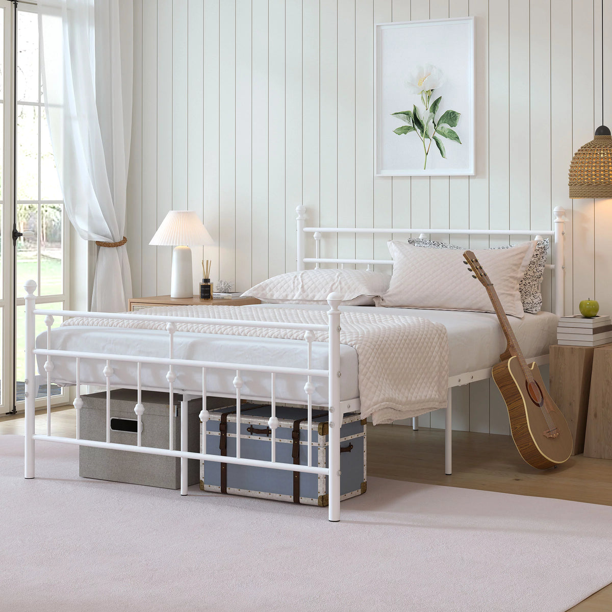 White Full Size Metal Platform Bed Frame with Headboard Y166