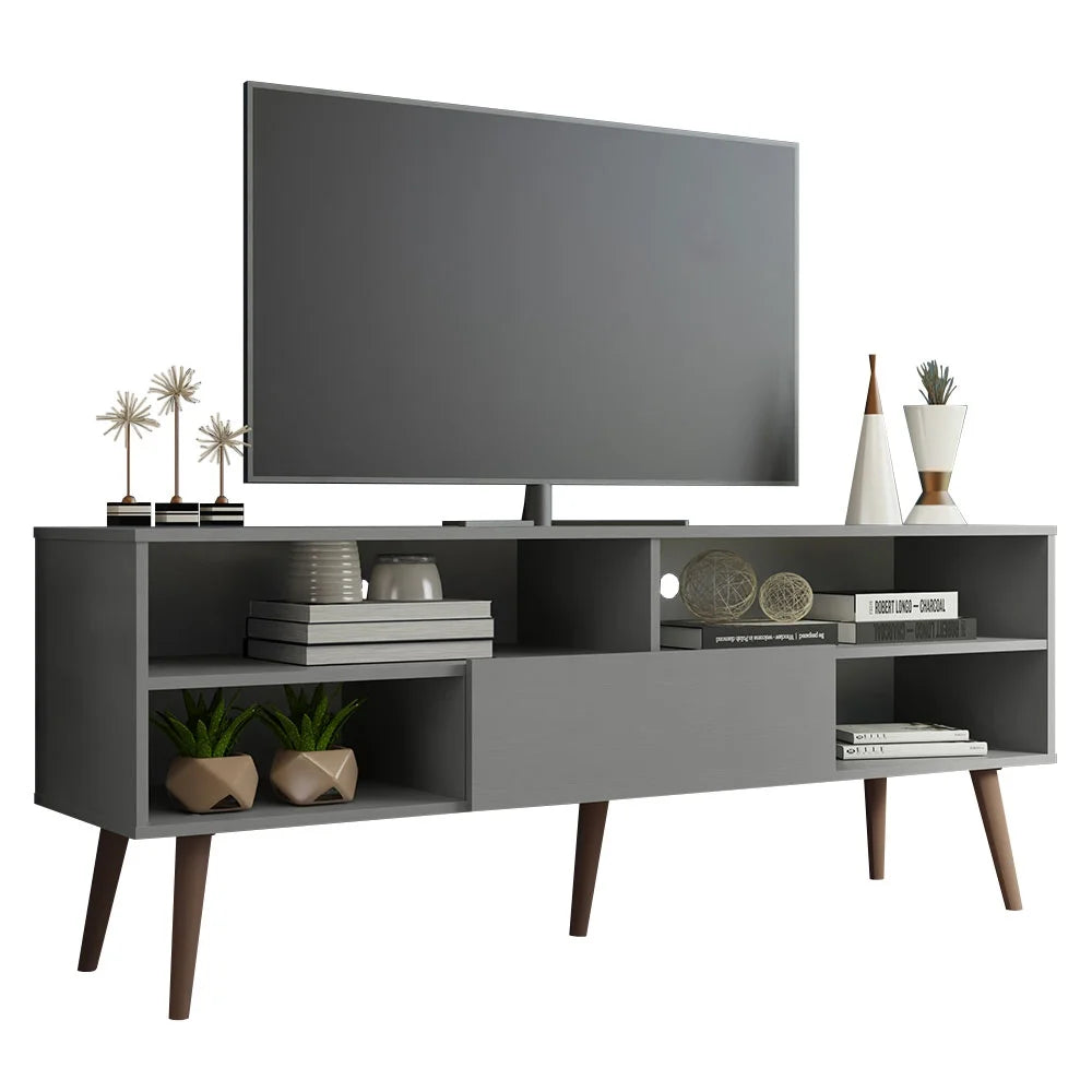 Modern Black Wood TV Stand with 1 Door and 4 Shelves E303598