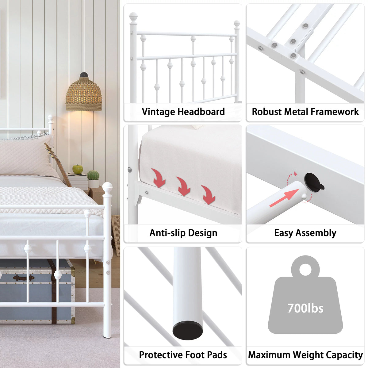 White Full Size Metal Platform Bed Frame with Headboard Y166