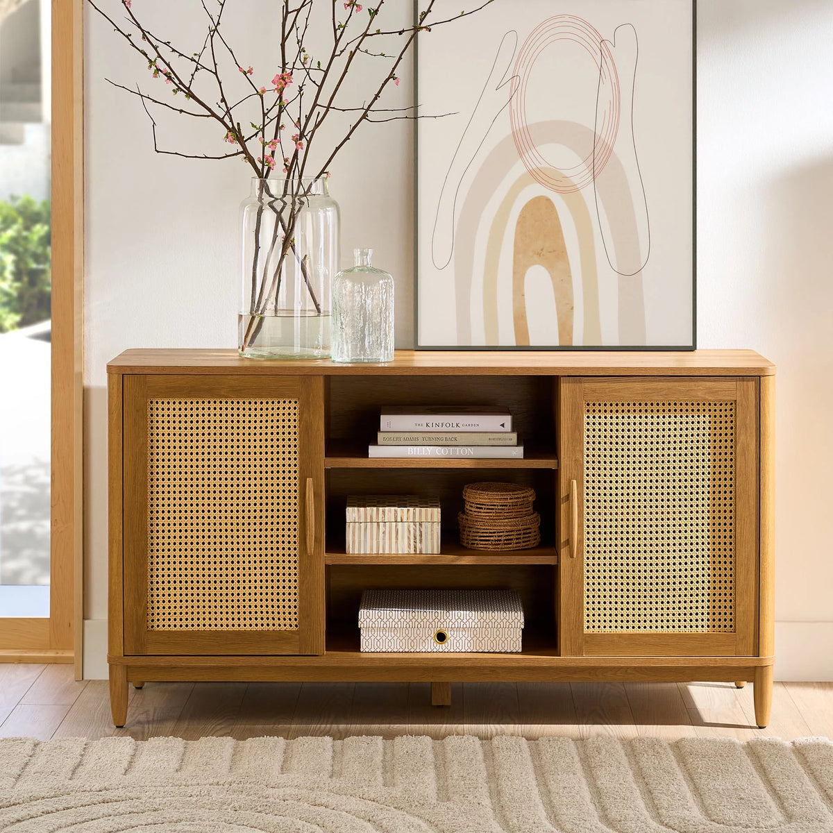 Cane TV Stand for TVs up to 65, Light Honey Finish C457