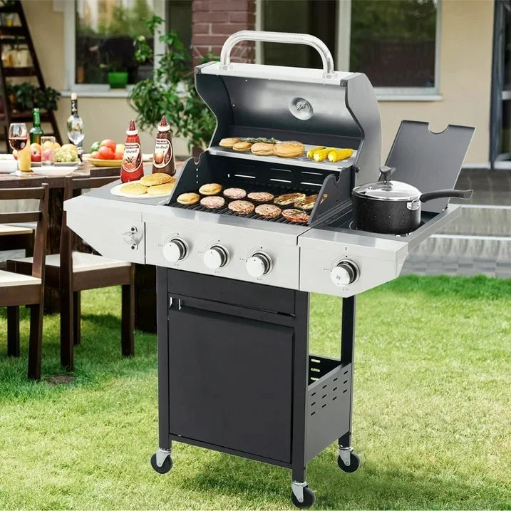 3 Burner Propane Gas Grill with Side Burner, Stainless Steel, Black U308
