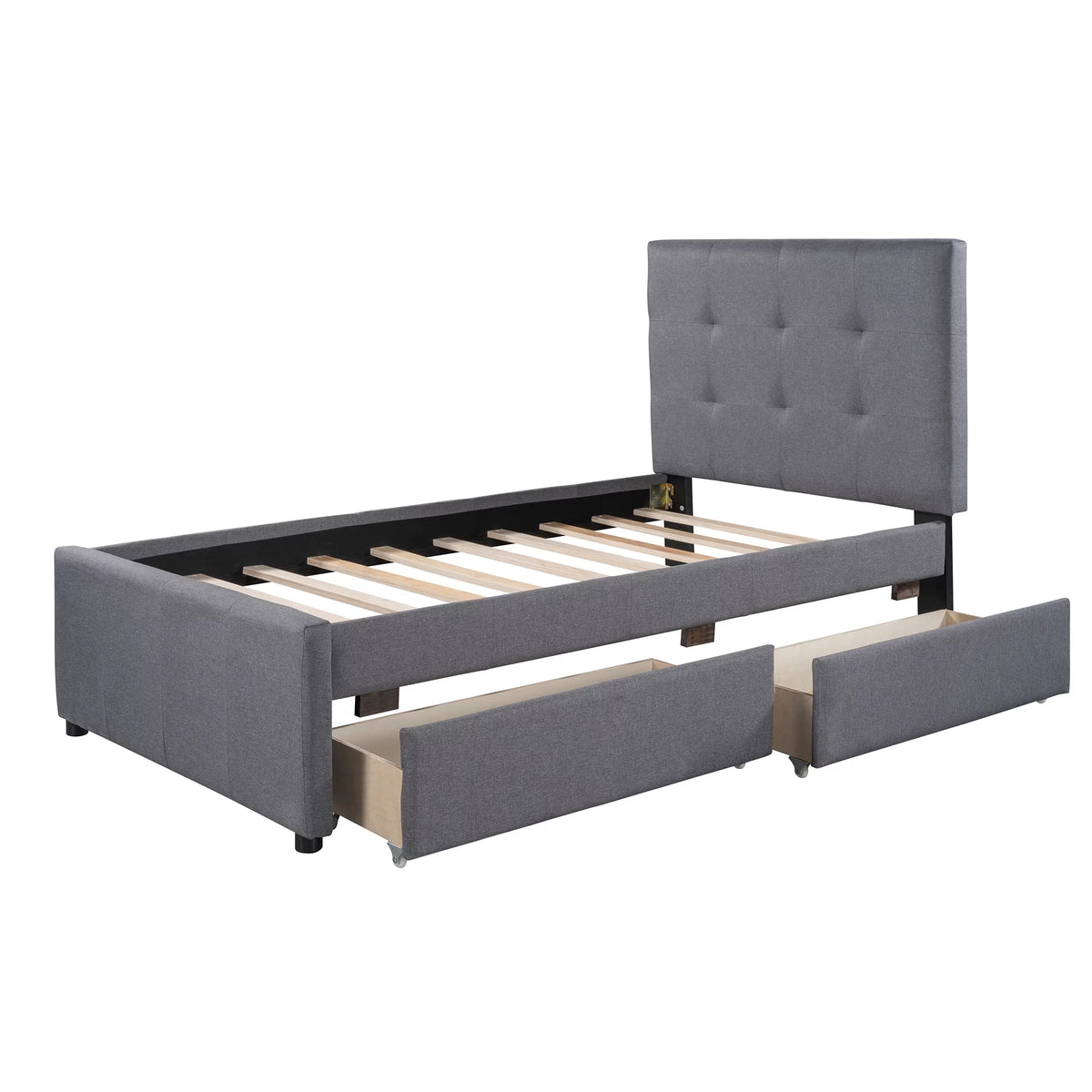 Gray Upholstered Twin Size Platform Bed with 2 Storage Drawers Y7733