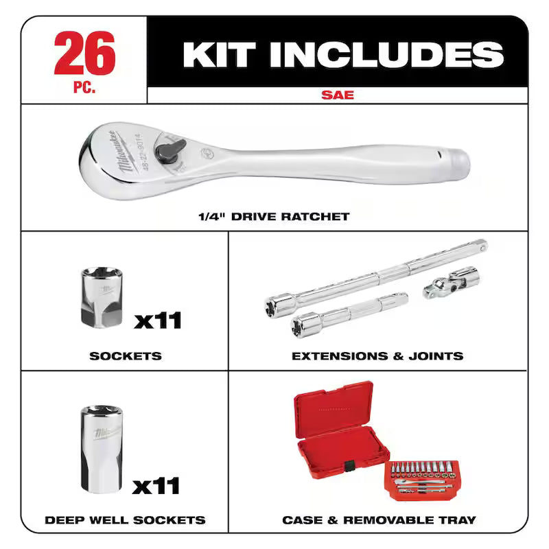 1/4 in. Drive SAE Ratchet and Socket Mechanics Tool Set (26-Piece) E884128