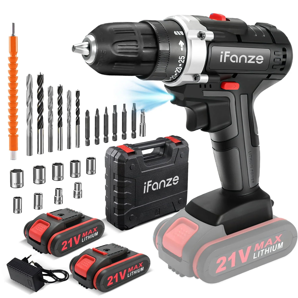 21V Cordless 3/8 inch Power Drill Driver Set with 2 Batteries R699329