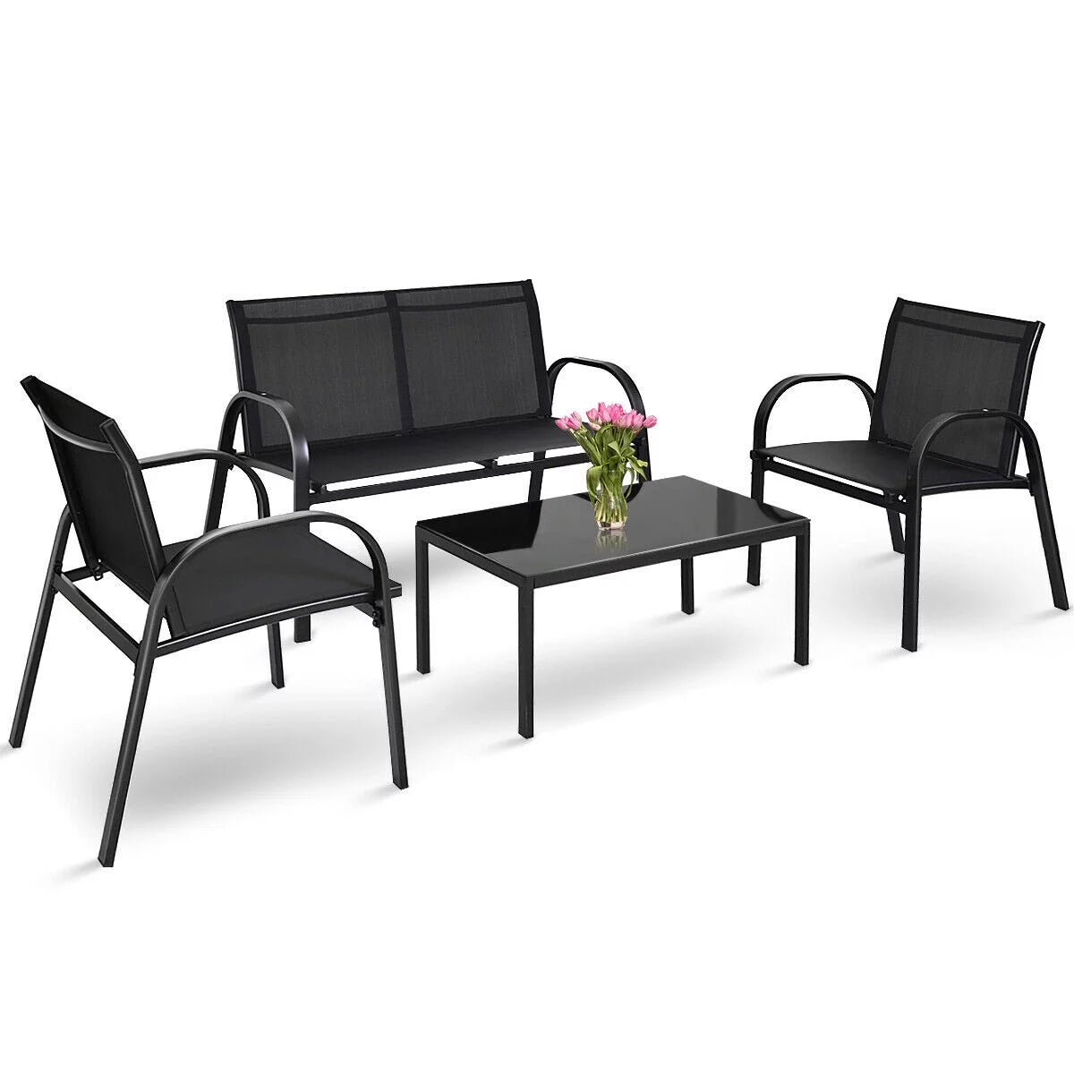 4 PCS Patio Furniture Set Sofa Coffee Table Steel Frame J3540