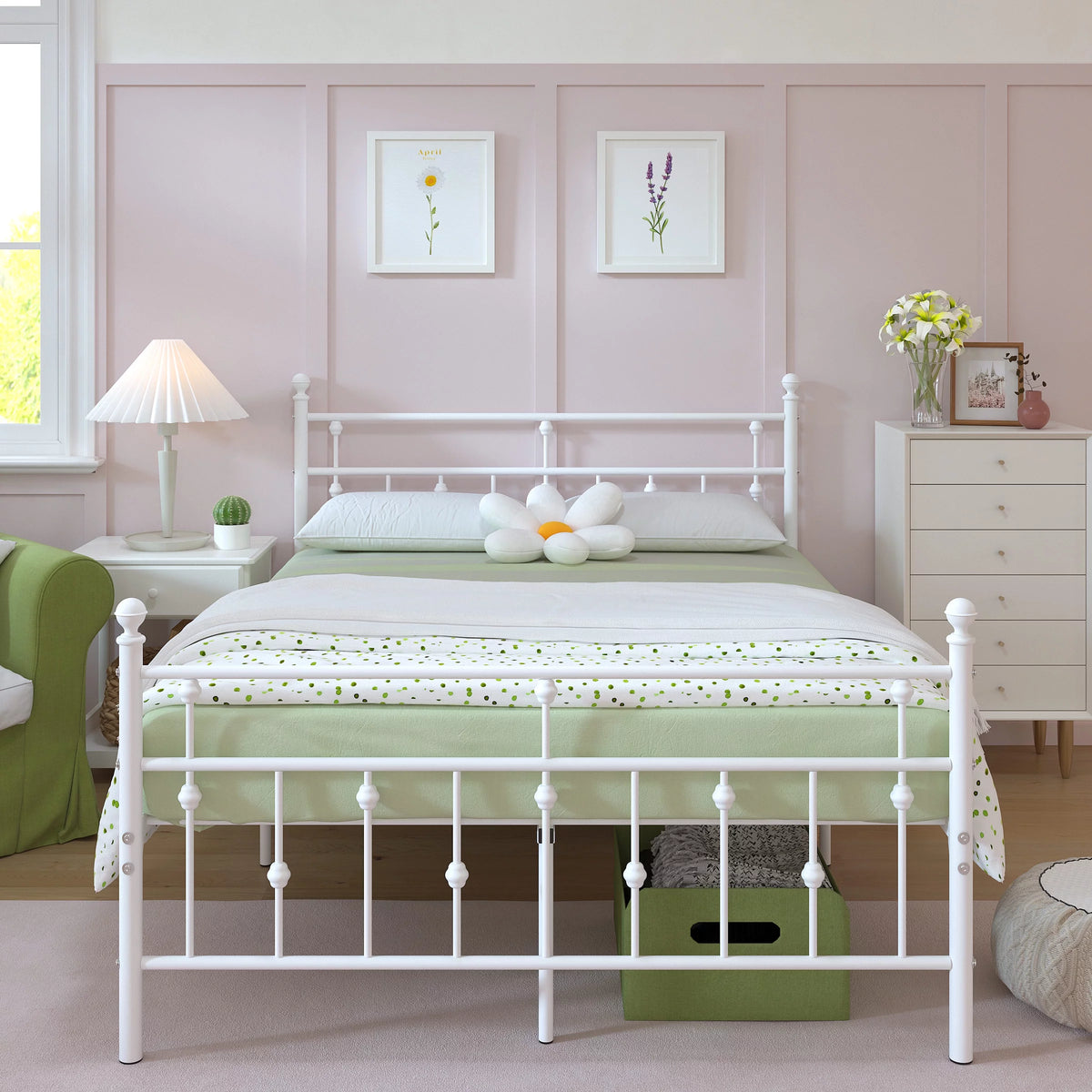 White Full Size Metal Platform Bed Frame with Headboard Y166