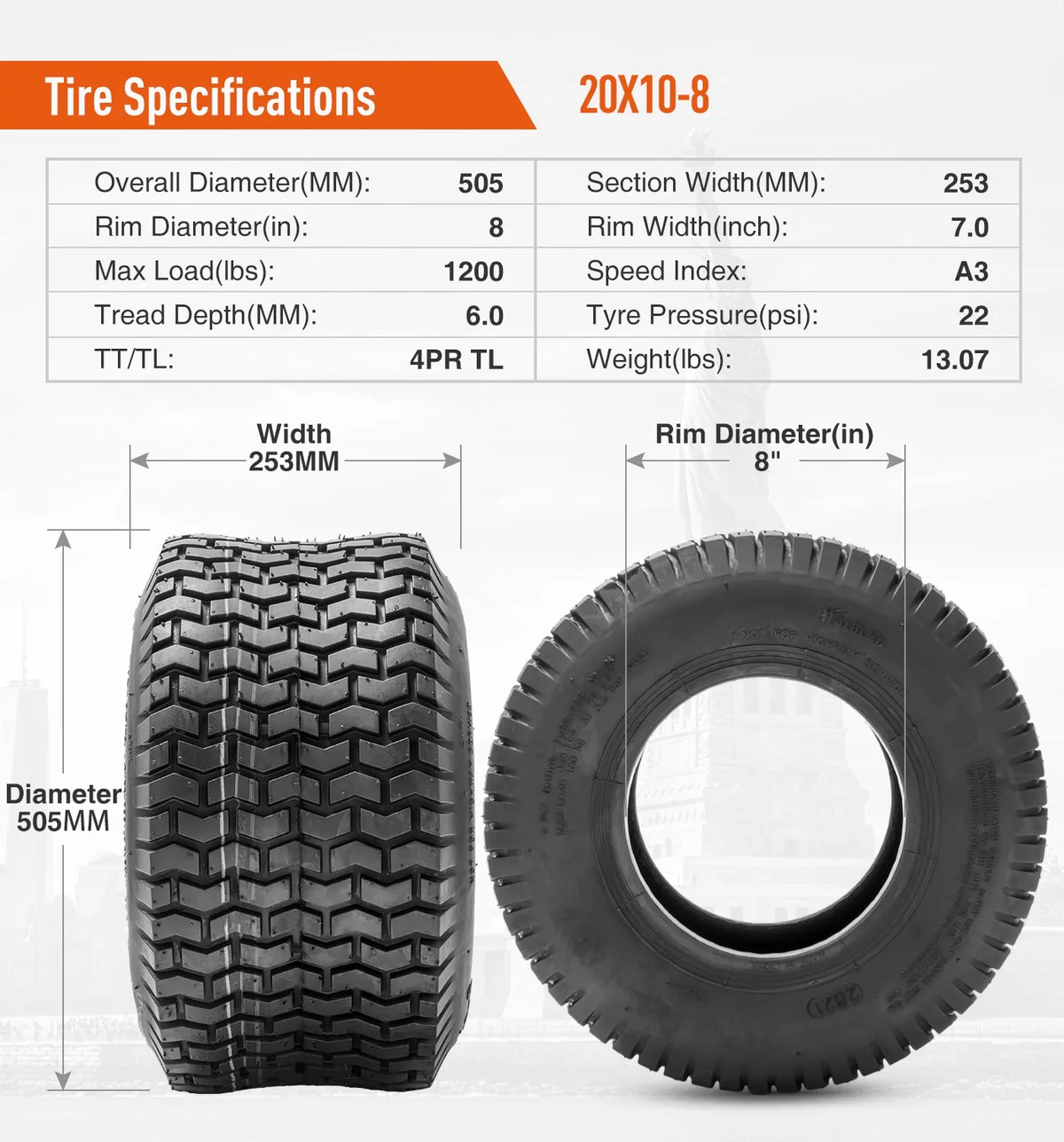 20x10.00-8 Lawn Mower Tires 4PR Heavy Duty Tubeless Y47424